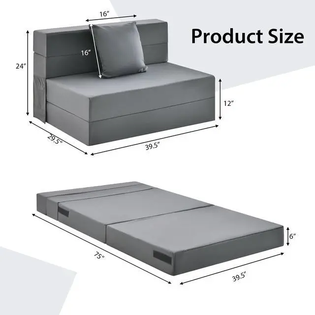 Alt view image 5 of 7 - SlickBlue 6 Inch Tri-fold Sofa Bed Folding Mattress with Pillow-Dark Gray