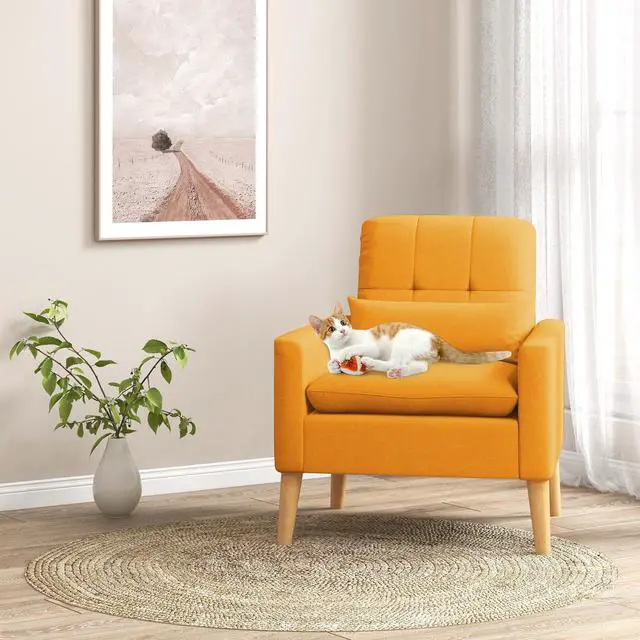 Alt view image 2 of 7 - SlickBlue Accent Chair with Lumbar Pillow  Natural Rubber Wood Legs  Padded Cushions-Yellow