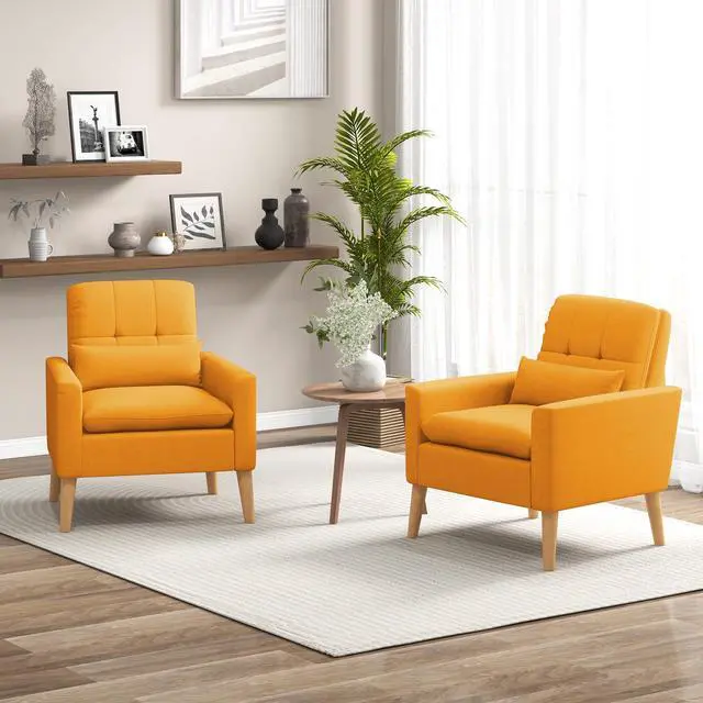 Alt view image 3 of 7 - SlickBlue Accent Chair with Lumbar Pillow  Natural Rubber Wood Legs  Padded Cushions-Yellow