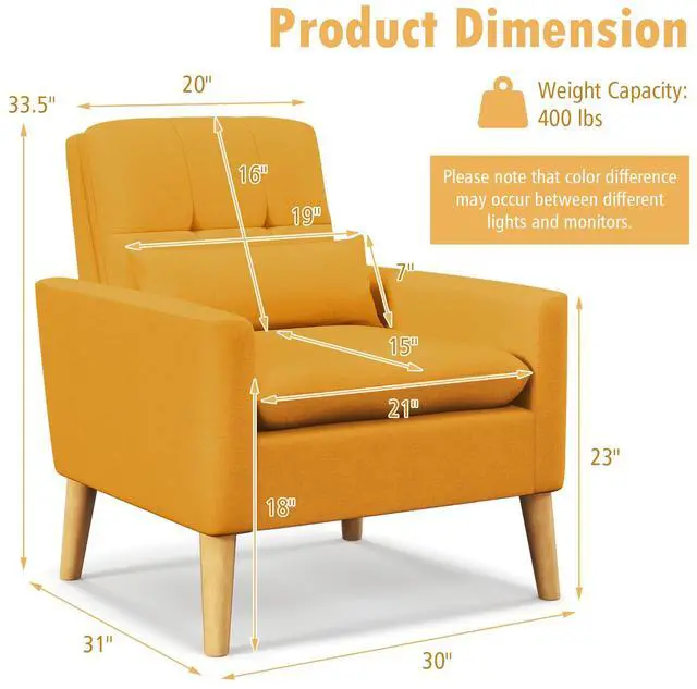Alt view image 5 of 7 - SlickBlue Accent Chair with Lumbar Pillow  Natural Rubber Wood Legs  Padded Cushions-Yellow