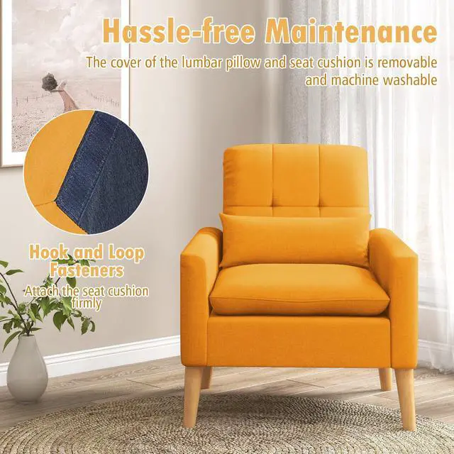 Alt view image 7 of 7 - SlickBlue Accent Chair with Lumbar Pillow  Natural Rubber Wood Legs  Padded Cushions-Yellow