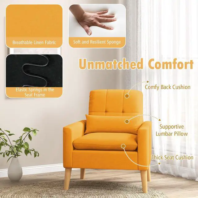 Alt view image 6 of 7 - SlickBlue Accent Chair with Lumbar Pillow  Natural Rubber Wood Legs  Padded Cushions-Yellow
