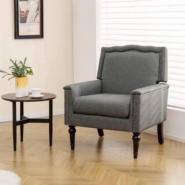 Alt view image 2 of 7 - SlickBlue Mid-century Modern Armchair Linen Fabric Upholstered Accent Chair with Cushion-Gray