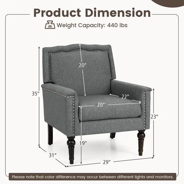 Alt view image 4 of 7 - SlickBlue Mid-century Modern Armchair Linen Fabric Upholstered Accent Chair with Cushion-Gray