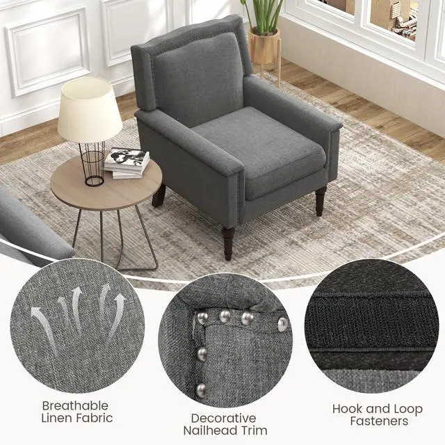 Alt view image 6 of 7 - SlickBlue Mid-century Modern Armchair Linen Fabric Upholstered Accent Chair with Cushion-Gray