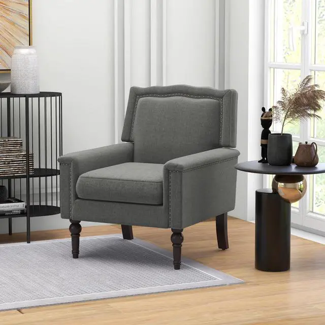 Alt view image 3 of 7 - SlickBlue Mid-century Modern Armchair Linen Fabric Upholstered Accent Chair with Cushion-Gray