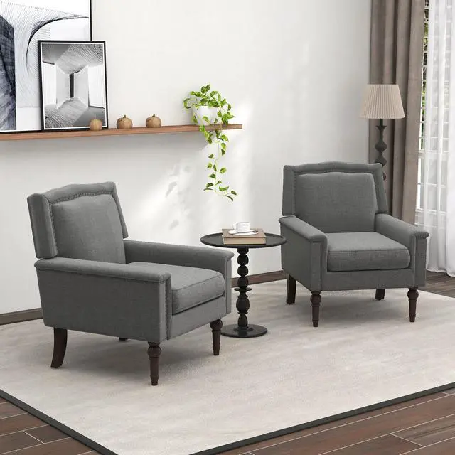 Alt view image 5 of 7 - SlickBlue Mid-century Modern Armchair Linen Fabric Upholstered Accent Chair with Cushion-Gray