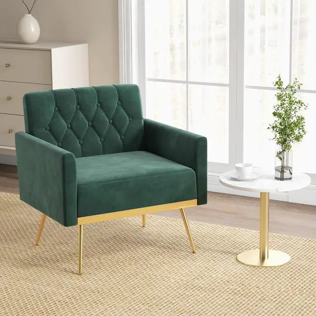 Alt view image 2 of 7 - SlickBlue Modern Velvet Accent Chair with Button Tufted Back Golden Metal Legs and Adjustable Foot Pads-Green