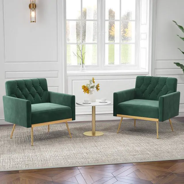 Alt view image 3 of 7 - SlickBlue Modern Velvet Accent Chair with Button Tufted Back Golden Metal Legs and Adjustable Foot Pads-Green