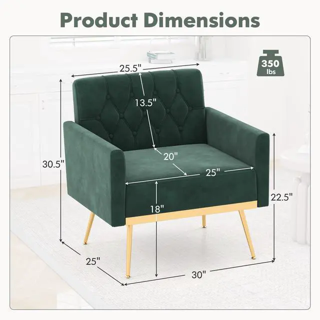 Alt view image 5 of 7 - SlickBlue Modern Velvet Accent Chair with Button Tufted Back Golden Metal Legs and Adjustable Foot Pads-Green