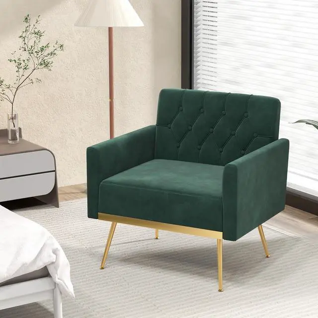 Alt view image 6 of 7 - SlickBlue Modern Velvet Accent Chair with Button Tufted Back Golden Metal Legs and Adjustable Foot Pads-Green