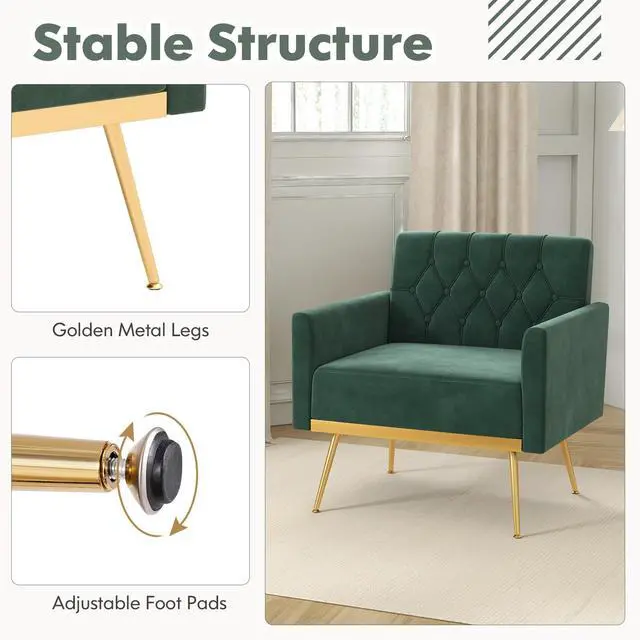 Alt view image 7 of 7 - SlickBlue Modern Velvet Accent Chair with Button Tufted Back Golden Metal Legs and Adjustable Foot Pads-Green