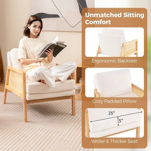 Alt view image 6 of 7 - SlickBlue Mid Century Modern Accent Chair with Rattan Arms and Cushion-Natural