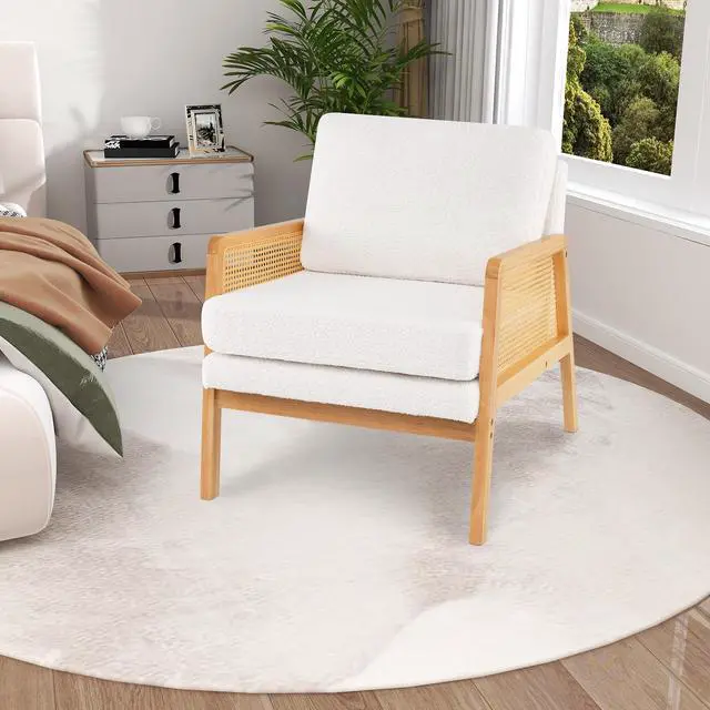 Alt view image 3 of 7 - SlickBlue Mid Century Modern Accent Chair with Rattan Arms and Cushion-Natural