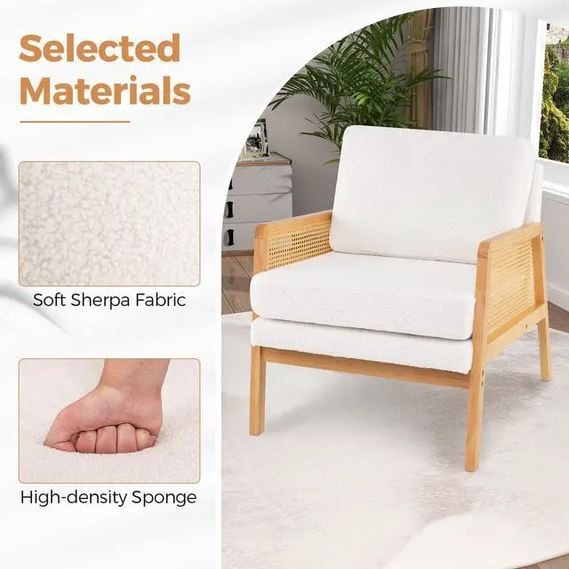 Alt view image 5 of 7 - SlickBlue Mid Century Modern Accent Chair with Rattan Arms and Cushion-Natural