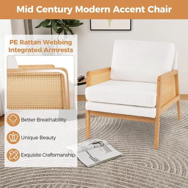 Alt view image 7 of 7 - SlickBlue Mid Century Modern Accent Chair with Rattan Arms and Cushion-Natural