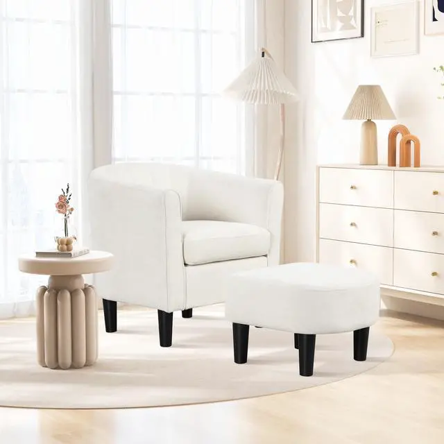 Alt view image 2 of 7 - SlickBlue Upholstered Teddy Velvet Club Barrel Chair with Ottoman with Footrest-Beige
