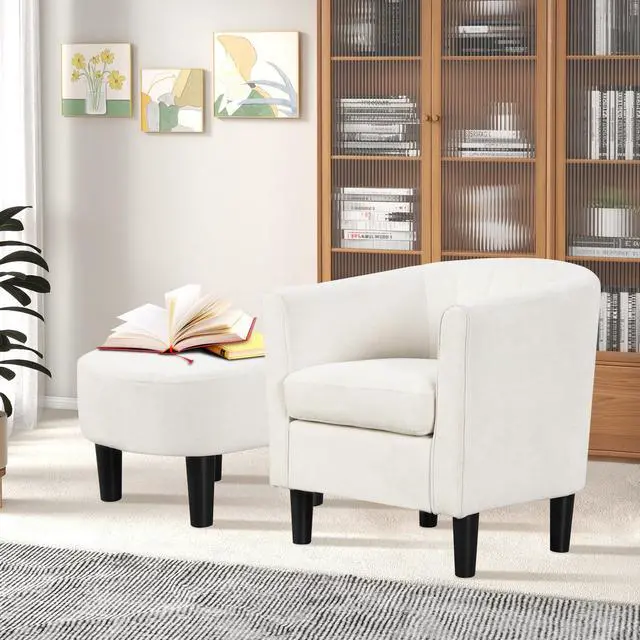 Alt view image 3 of 7 - SlickBlue Upholstered Teddy Velvet Club Barrel Chair with Ottoman with Footrest-Beige