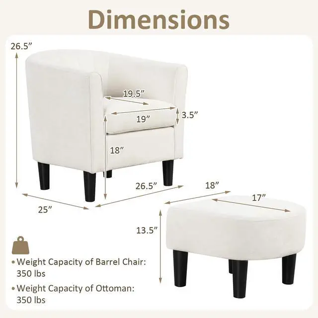 Alt view image 4 of 7 - SlickBlue Upholstered Teddy Velvet Club Barrel Chair with Ottoman with Footrest-Beige