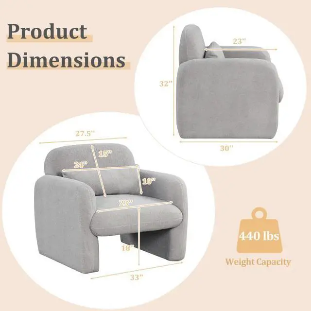 Alt view image 3 of 7 - SlickBlue Modern Accent Chair with Waist Pillow and Armrests for Living Room Bedroom-Gray
