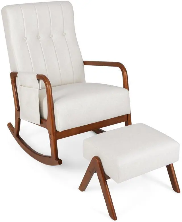 Main image of SlickBlue Rocking Chair with Ottoman and Solid Rubber Wood Frame and Padded Cushion-Beige