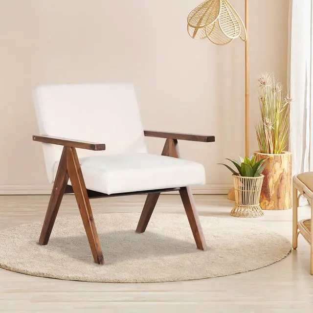 Alt view image 2 of 7 - SlickBlue Modern Accent Chair Linen Fabric Armchair with Solid Acacia Wood Frame-Beige