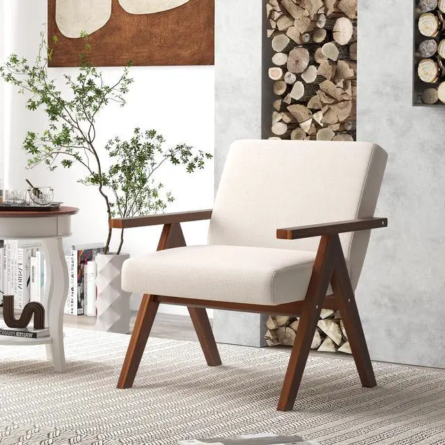 Alt view image 3 of 7 - SlickBlue Modern Accent Chair Linen Fabric Armchair with Solid Acacia Wood Frame-Beige