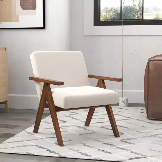 Alt view image 6 of 7 - SlickBlue Modern Accent Chair Linen Fabric Armchair with Solid Acacia Wood Frame-Beige