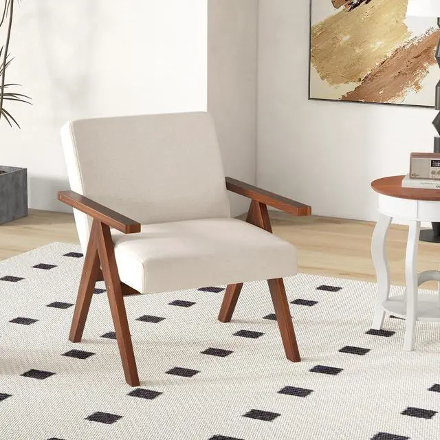 Alt view image 7 of 7 - SlickBlue Modern Accent Chair Linen Fabric Armchair with Solid Acacia Wood Frame-Beige