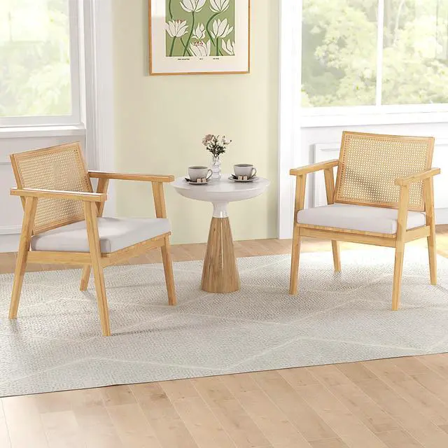 Alt view image 3 of 7 - SlickBlue Mid Century Modern Accent Chairs Set of 2 with Breathable Rattan Back-Natural