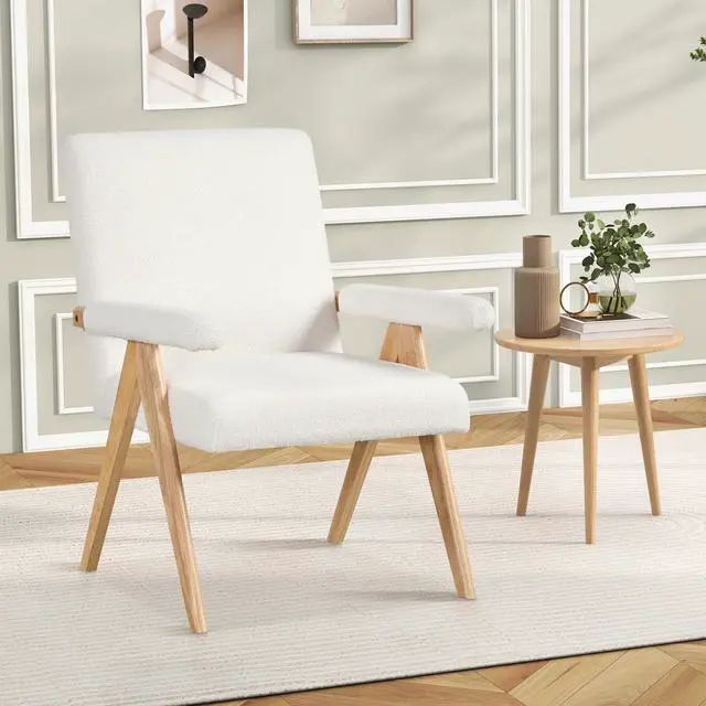 Alt view image 2 of 7 - SlickBlue Mid Century Modern Accent Chair with Rubber Wood Frame and Padded Armrests-White