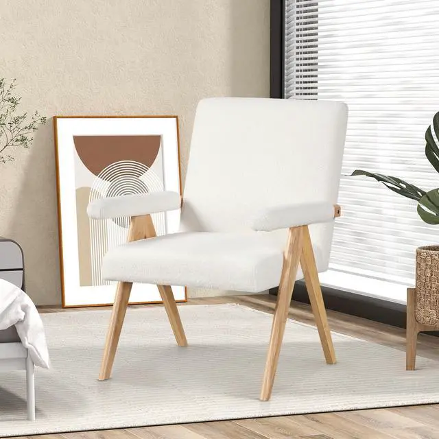 Alt view image 3 of 7 - SlickBlue Mid Century Modern Accent Chair with Rubber Wood Frame and Padded Armrests-White