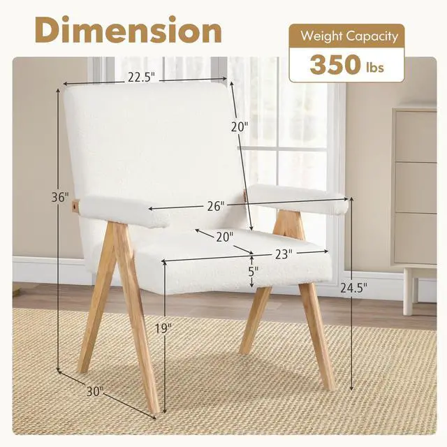 Alt view image 4 of 7 - SlickBlue Mid Century Modern Accent Chair with Rubber Wood Frame and Padded Armrests-White