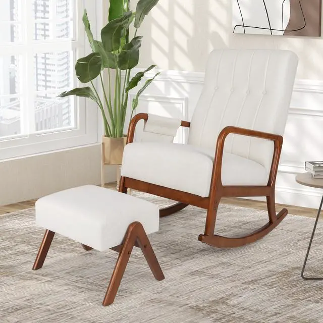 Alt view image 2 of 7 - SlickBlue Rocking Chair with Ottoman and Solid Rubber Wood Frame and Padded Cushion-Beige