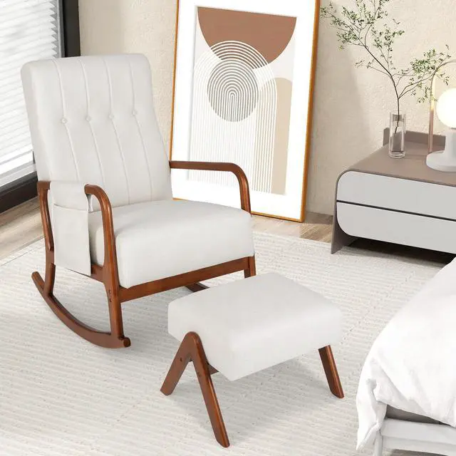 Alt view image 3 of 7 - SlickBlue Rocking Chair with Ottoman and Solid Rubber Wood Frame and Padded Cushion-Beige