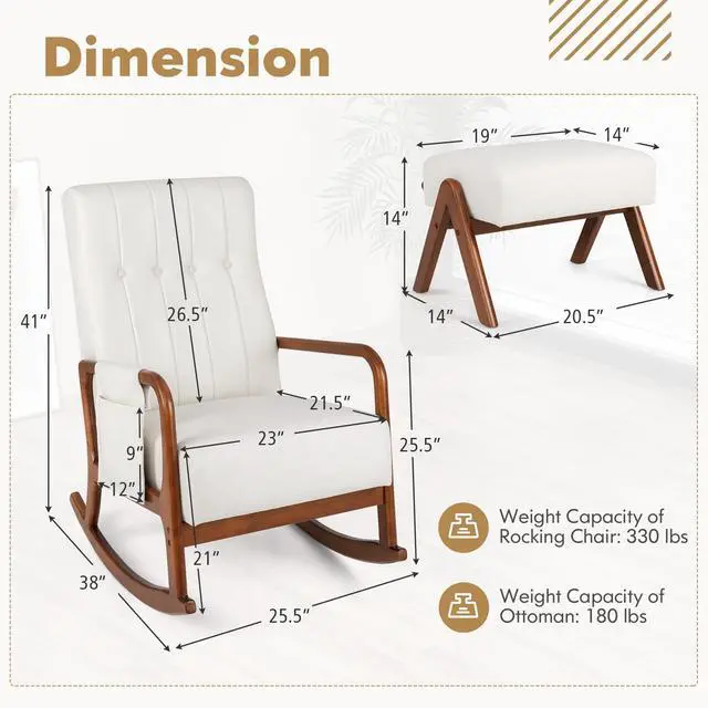 Alt view image 4 of 7 - SlickBlue Rocking Chair with Ottoman and Solid Rubber Wood Frame and Padded Cushion-Beige