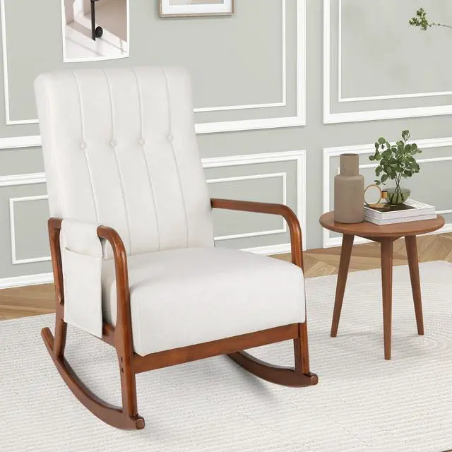 Alt view image 5 of 7 - SlickBlue Rocking Chair with Ottoman and Solid Rubber Wood Frame and Padded Cushion-Beige