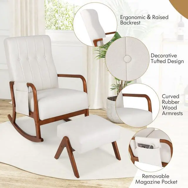 Alt view image 6 of 7 - SlickBlue Rocking Chair with Ottoman and Solid Rubber Wood Frame and Padded Cushion-Beige
