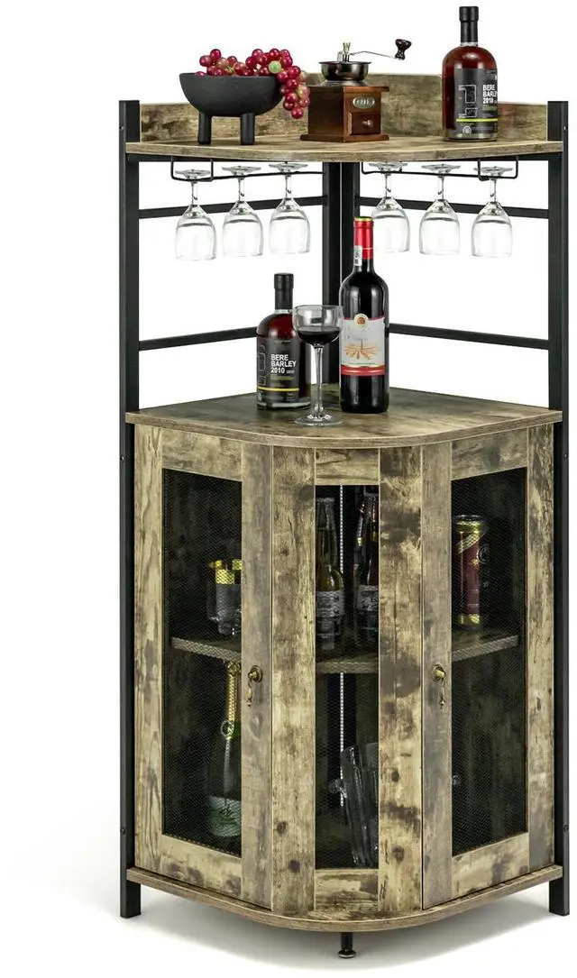 Main image of SlickBlue Industrial Corner Bar Cabinet with Glass Holder and Adjustable Shelf-Taupe