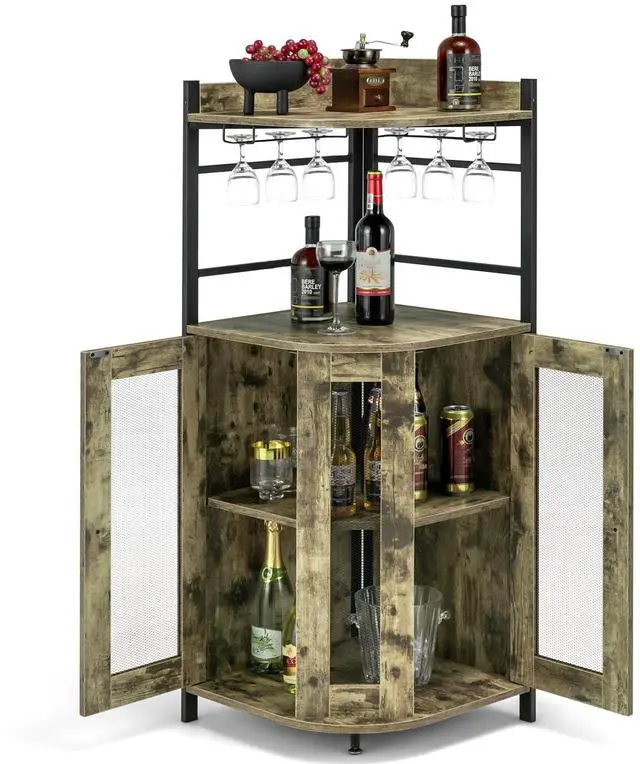 Alt view image 4 of 7 - SlickBlue Industrial Corner Bar Cabinet with Glass Holder and Adjustable Shelf-Taupe