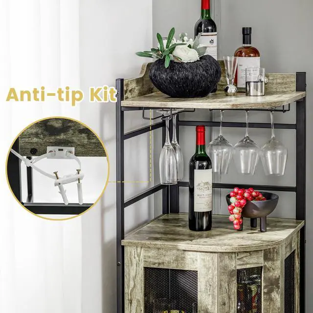 Alt view image 7 of 7 - SlickBlue Industrial Corner Bar Cabinet with Glass Holder and Adjustable Shelf-Taupe