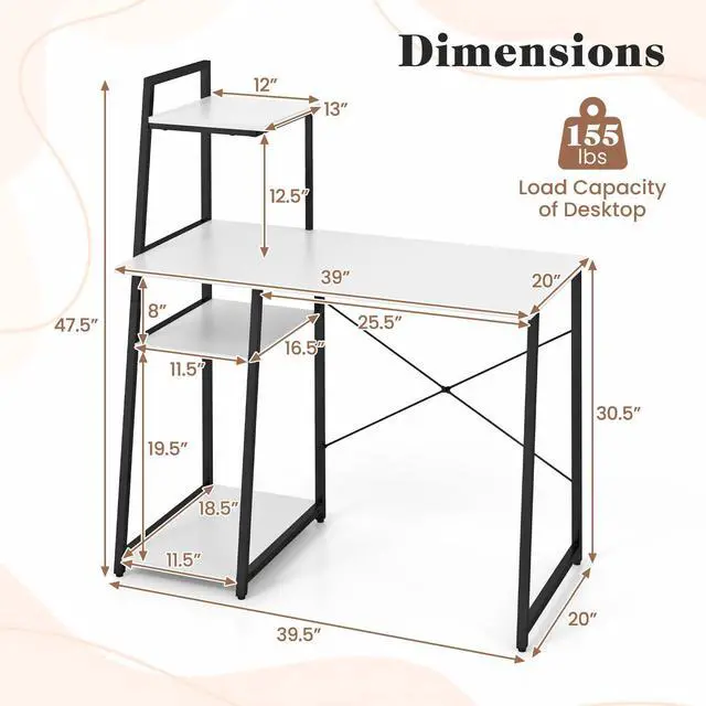 Alt view image 5 of 7 - SlickBlue Compact Computer Desk Workstation with 4 Tier Shelves for Home and Office-White