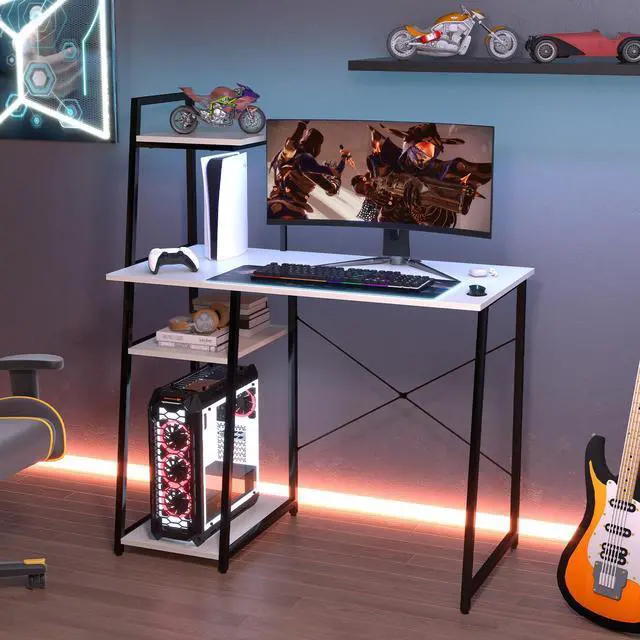 Alt view image 3 of 7 - SlickBlue Compact Computer Desk Workstation with 4 Tier Shelves for Home and Office-White