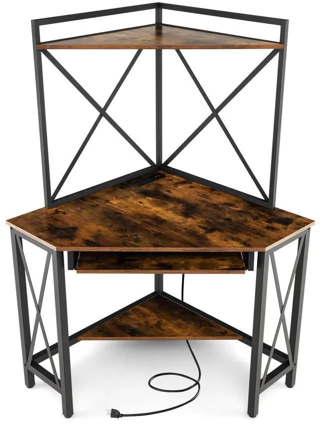 Main image of SlickBlue Space-Saving Corner Computer Desk with with Hutch and Keyboard Tray-Rust Brown