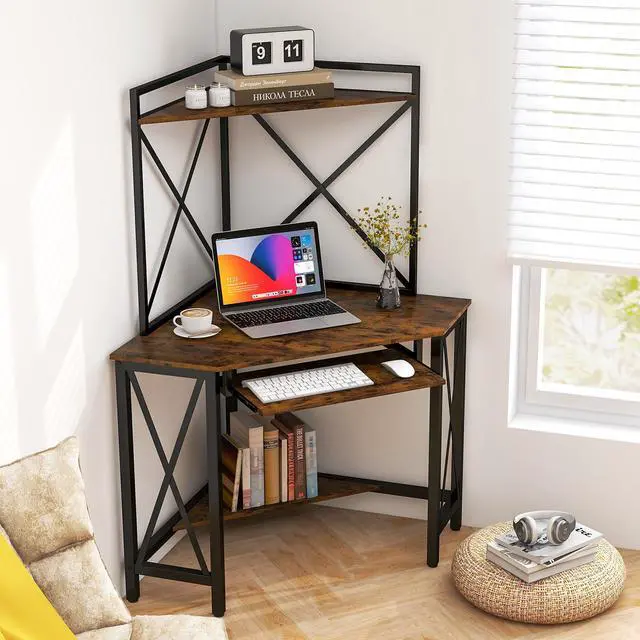 Alt view image 2 of 7 - SlickBlue Space-Saving Corner Computer Desk with with Hutch and Keyboard Tray-Rust Brown