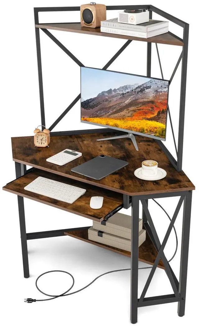 Alt view image 5 of 7 - SlickBlue Space-Saving Corner Computer Desk with with Hutch and Keyboard Tray-Rust Brown
