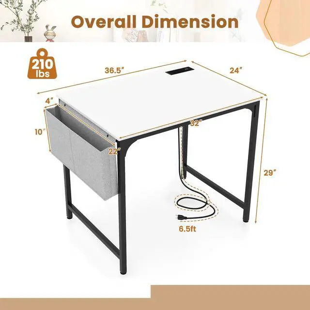 Alt view image 5 of 7 - SlickBlue 32 Inch Computer Desk Small Home Office Desk with Charging Station-White