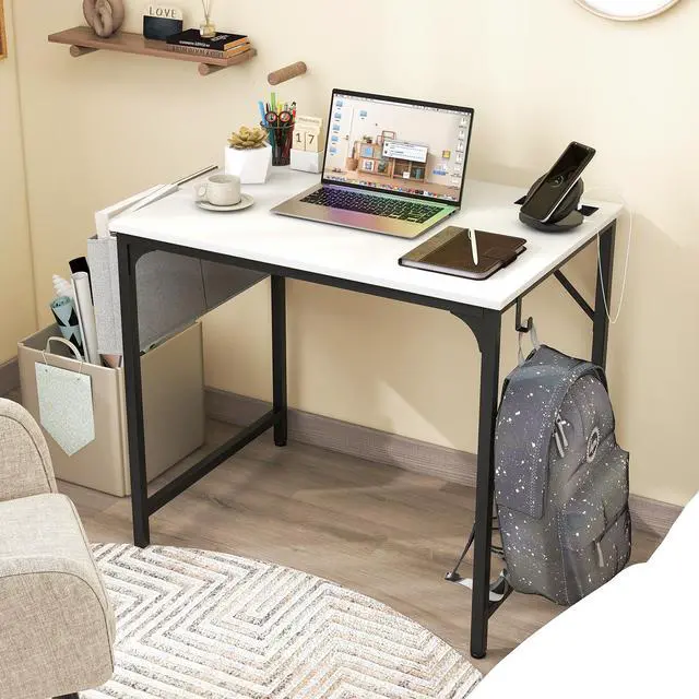 Alt view image 6 of 7 - SlickBlue 32 Inch Computer Desk Small Home Office Desk with Charging Station-White