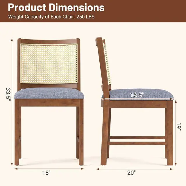 Alt view image 4 of 7 - SlickBlue Rattan Dining Chair Set of 2 with Rubber Wood Frame and Linen Fabric Padded Seat-Walnut