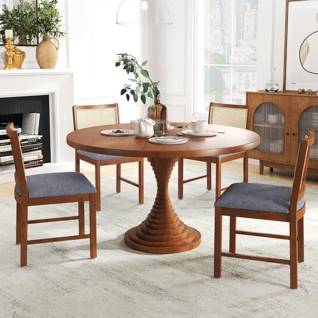 Alt view image 3 of 7 - SlickBlue Rattan Dining Chair Set of 2 with Rubber Wood Frame and Linen Fabric Padded Seat-Walnut